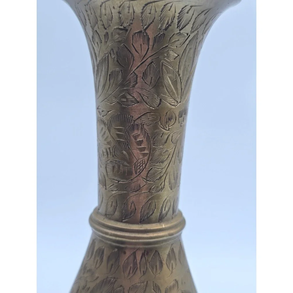 Vintage Etched Brass Vase Floral Hand Engraved Made in India 8.5 Inch Boho Decor
